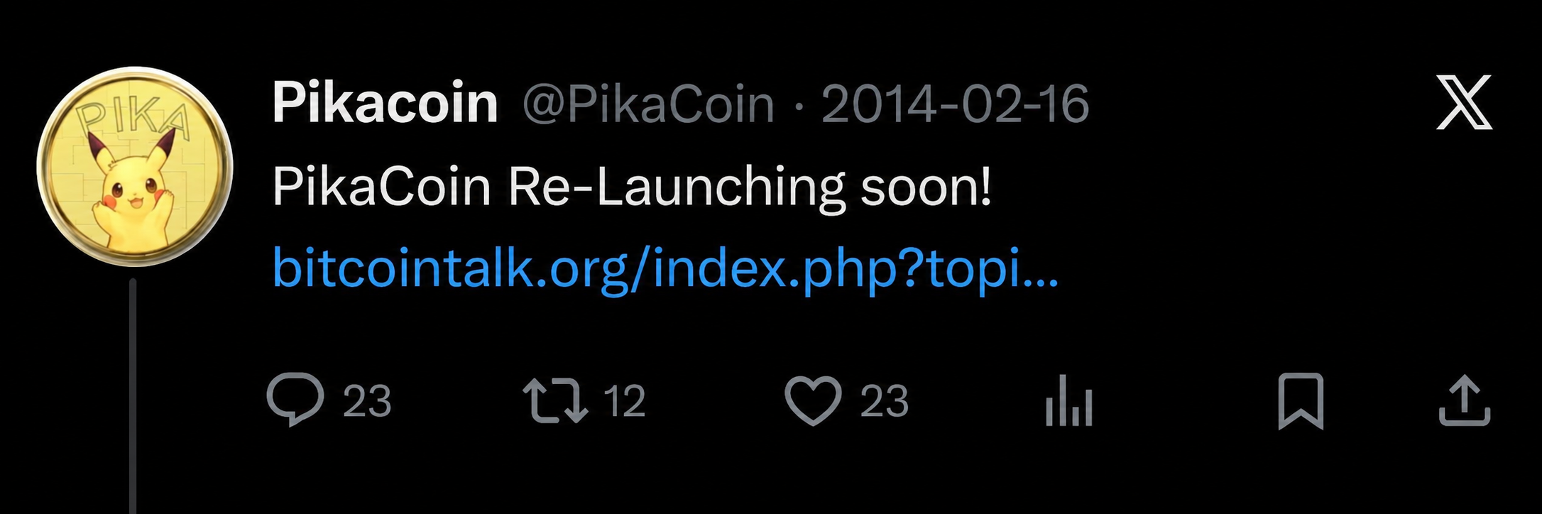 Original PikaCoin tweet, 2014-02-16